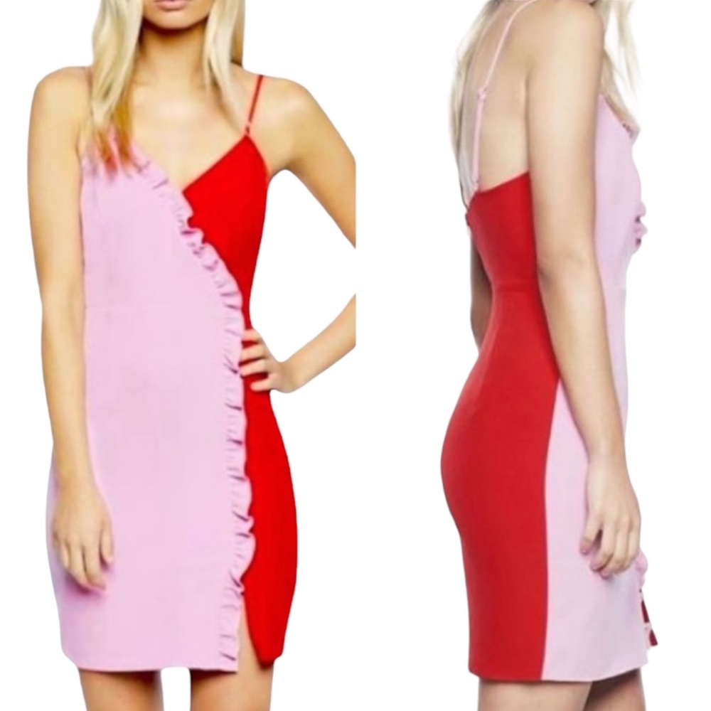 COPY - BARDOT | Revolve Colorblock Red Pink Mini Dress with Ruffle Accent and S…